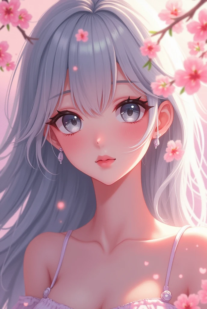 Digital painting of a beautiful anime lady with large, expressive eyes, long, flowing silver hair, and delicate features, set against a soft, pastel-colored background with subtle cherry blossom patterns, inspired by the styles of Makoto Shinkai and Hayao Miyazaki, with a warm, gentle lighting, rendered in high detail, 8k resolution, with bold brushstrokes and vibrant colors, a true masterpiece of anime art.