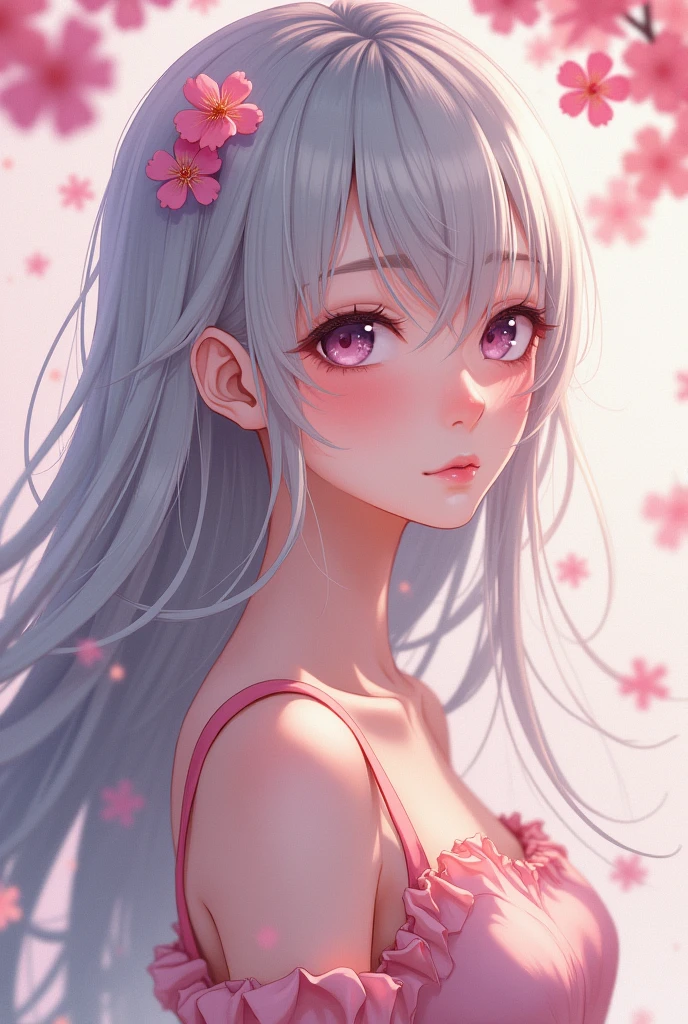 Digital painting of a beautiful anime lady with large, expressive eyes, long, flowing silver hair, and delicate features, set against a soft, pastel-colored background with subtle cherry blossom patterns, inspired by the styles of Makoto Shinkai and Hayao Miyazaki, with a warm, gentle lighting, rendered in high detail, 8k resolution, with bold brushstrokes and vibrant colors, a true masterpiece of anime art.