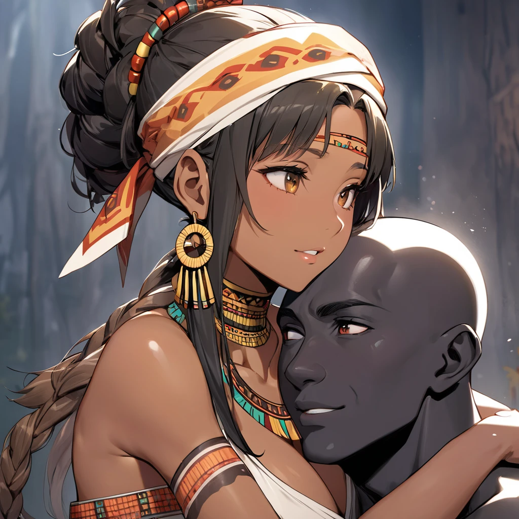 ((Highest quality)), ((masterpiece)), (detailed), （Perfect Face）、The woman is embracing and kissing a man from the tribe.、The woman has bright black skin、（Ghana braids with strong curly hair slicked back）、Black, dark skinned, African native tribal woman、The amount of hair is small、Black Hair、Very short curly hair、Ghana braid hair, finely and delicately braided into Ghana braids and slicked back、Her hair is braided and thin, and she wears a tribal headdress and a tribal headscarf.、African black woman beautifully dressed in tribal clothing, tribal earrings and tribal accessories, wearing tribal makeup、A beautiful tribal woman with tattoos all over her body、Women in tribal village night rituals、The woman has her hair styled like an African woman.