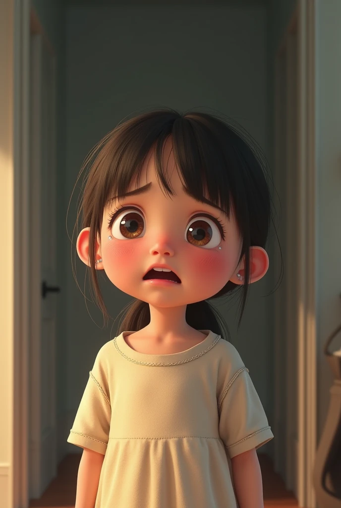 A young girl blushing and crying because she couldn't hold her pee.