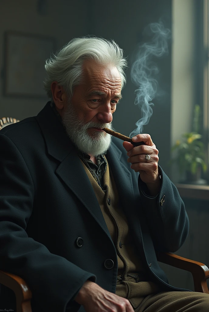 Single old man smoking smok round round something telling me