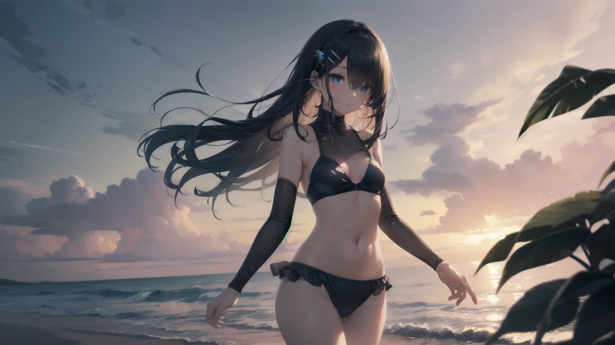 Highest quality, Anime Moe Art Style,Best Anime 8K Konachan Wallpaper,pixiv Contest Winner,Perfect Anatomy, break,(Please draw a picture of a girl in a Swimwear walking on the beach.),break, One is an unlucky beautiful girl.,(alone,in addition,,:1.3),,Complete limbs, Full Finger,  short hair, amount, (Hair on one eye:1.4),Small breasts, Small Ass, Beautiful attention to detail, Well-proportioned pupils,Between the legs, Wet, Glowing Skin, Cowboy Shot, Hair Clip, Swimwear, At the Beach.break,Very detailed,High resolution,Very detailed肌, 
Optimal lighting with AI, shape,