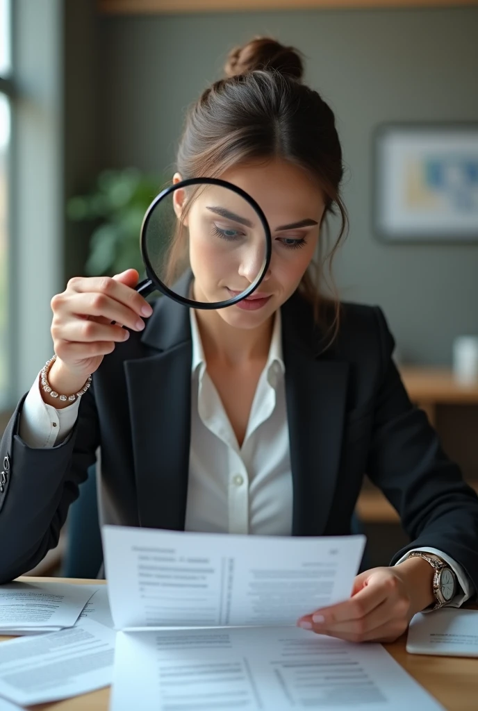 An image of a businesswoman with a magnifying glass, examining her accounts and bank statements with a serious expression.