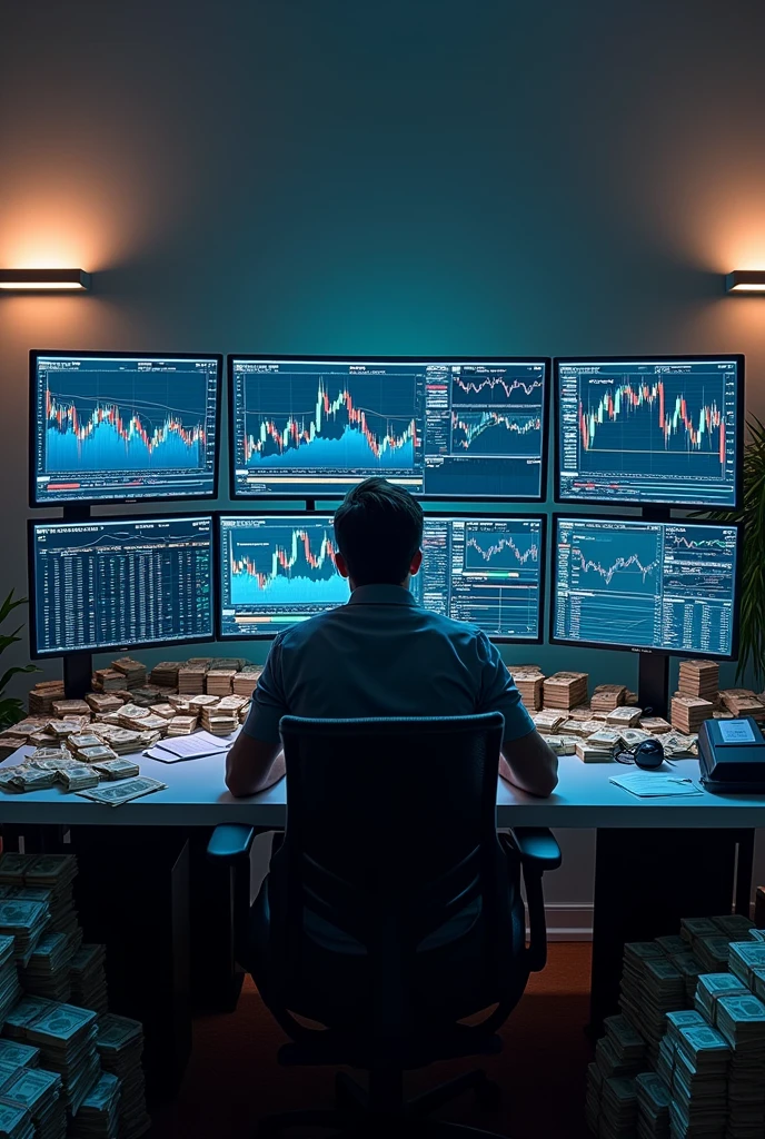 I want 4 screen monitor set up room and in the screen of monitors full of trading charts and on the table lots of money