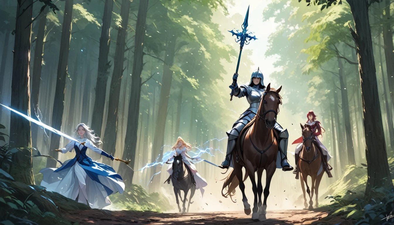 (masterpiece:1.5),(Beat quality),(high res),3girls,A female knight with a shining spear in her right hand,Riding a horse,A female adventurer wielding a sword,Magician Woman,thunder,forest