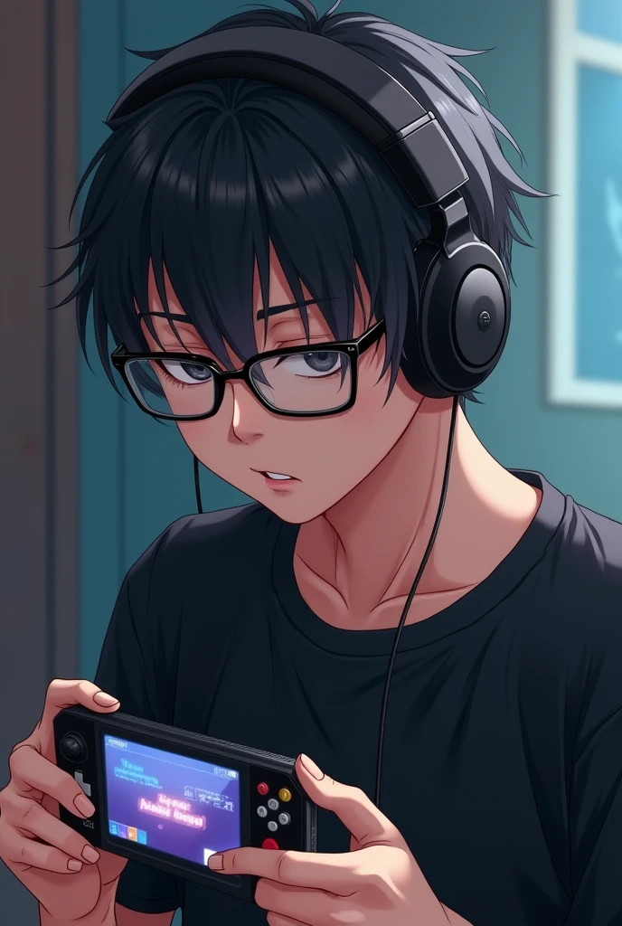 a portable video game, 1 male, wear glasses, black shirt, messy bowl cut hair,wear headphone