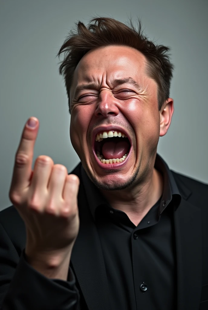 A photo of Elon Musk desperate cryng and doing the middle finger to the observer
