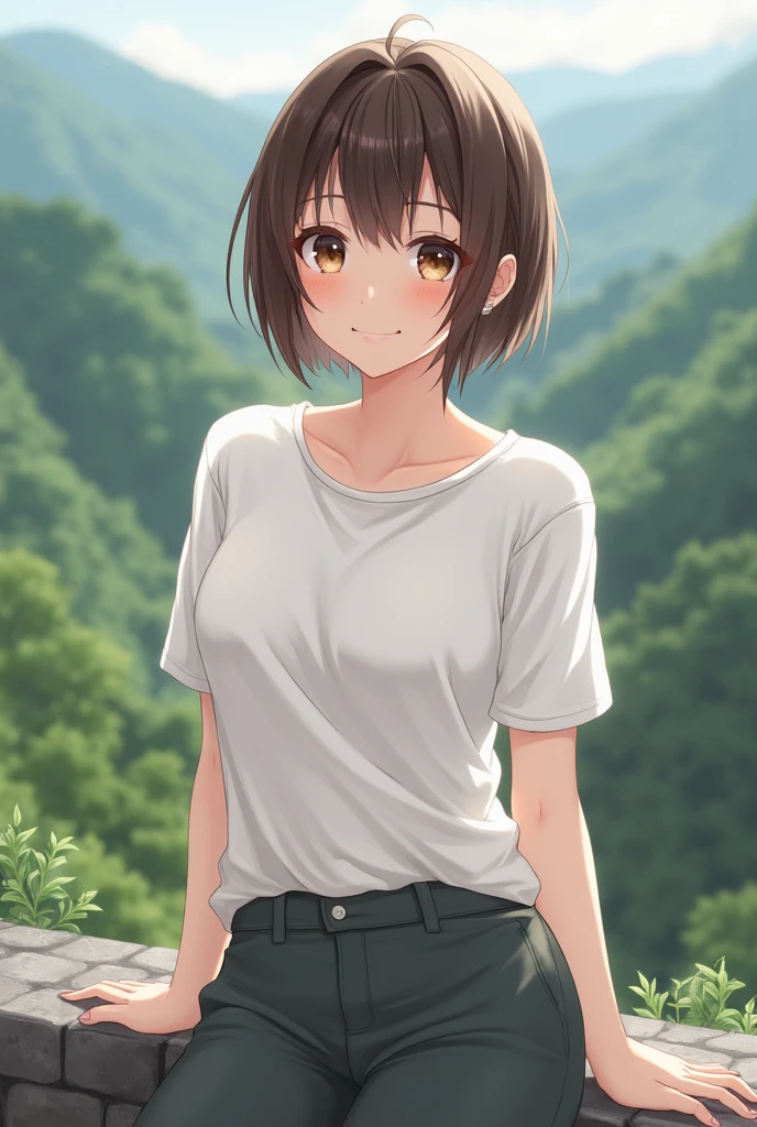 Beautiful Eyes、Cute face、Beauty、Japanese、Asian、Beautiful face、Big Eyes、Smiling、Brown Hair、Shortcuts、Outstanding style、Waistline、Large Breasts、valley、pants、T-Shirts、Taking a shower、Your clothes are wet、