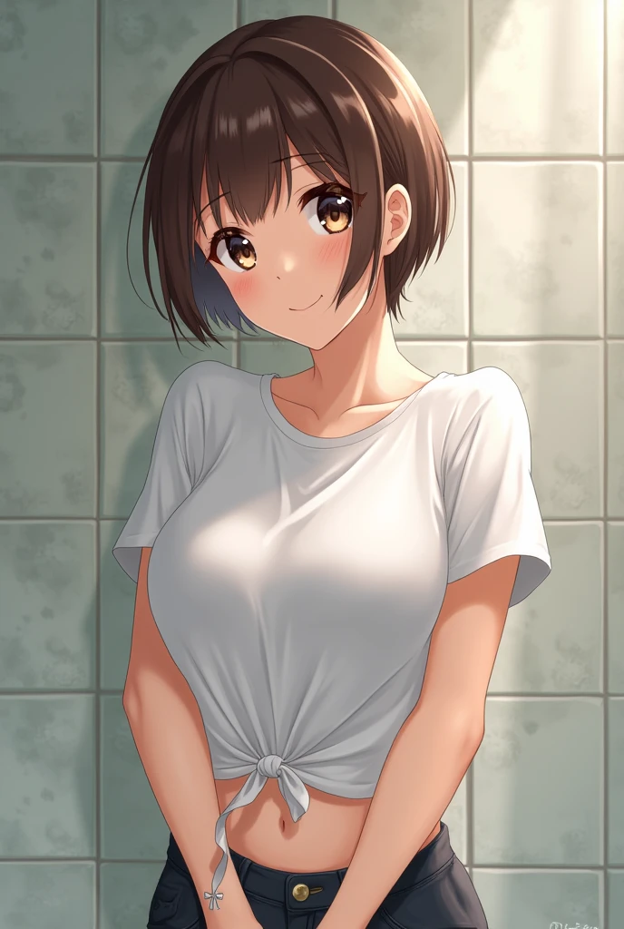 mastute piece,Best Quality,insanely detailed,8k cg,nsfw,
(shoot upper body:1.3),
(1girls:1.3),standing,looking at viewr,body in front,both arms behind back,(judo,judogi),
break,
blush,shy,(trembling:1.2),(Brown Hair),
break,
perfect breasts,perfect teats,(open mouth:0.9),
(judo field)、