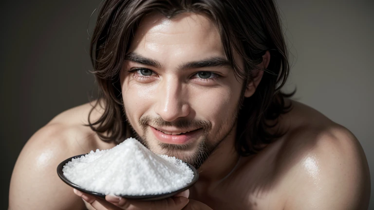 man resembling jesus using salt, He has a lot of salt in his hands and he is smiling