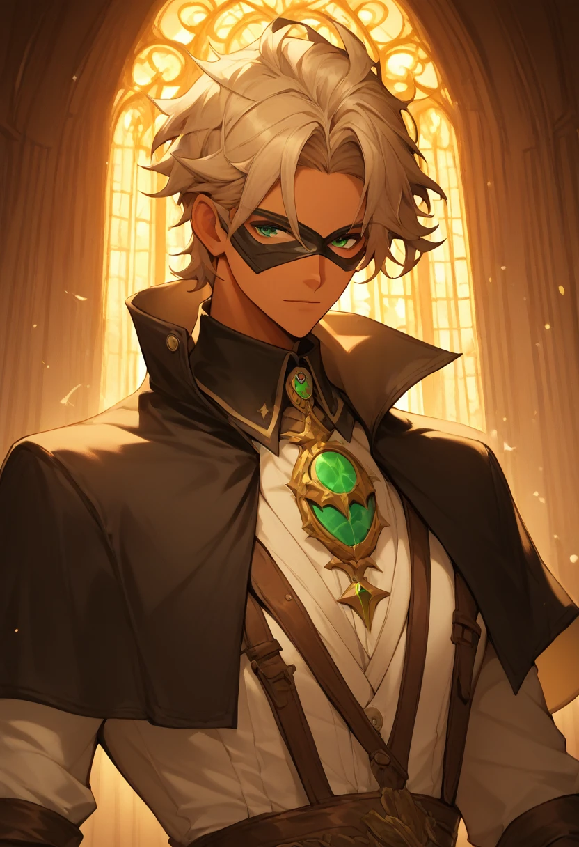 masterpiece, expressive eyes, perfect face, best quality, 1boy, male focus, solo focus, Adult, Gunslinger, gun sling, Green eyes, tanned skin, cropped hair, clean hair, wavy hair, light brown hair,  Church belfry, mask, fingerless gloves, bloodbourne, black capelet
