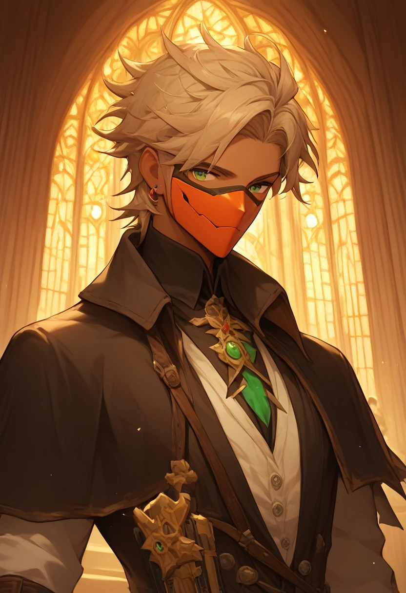 masterpiece, expressive eyes, perfect face, best quality, 1boy, male focus, solo focus, Adult, Gunslinger, gun sling, Green eyes, tanned skin, cropped hair, clean hair, wavy hair, light brown hair,  Church belfry, mask, fingerless gloves, bloodbourne, black capelet
