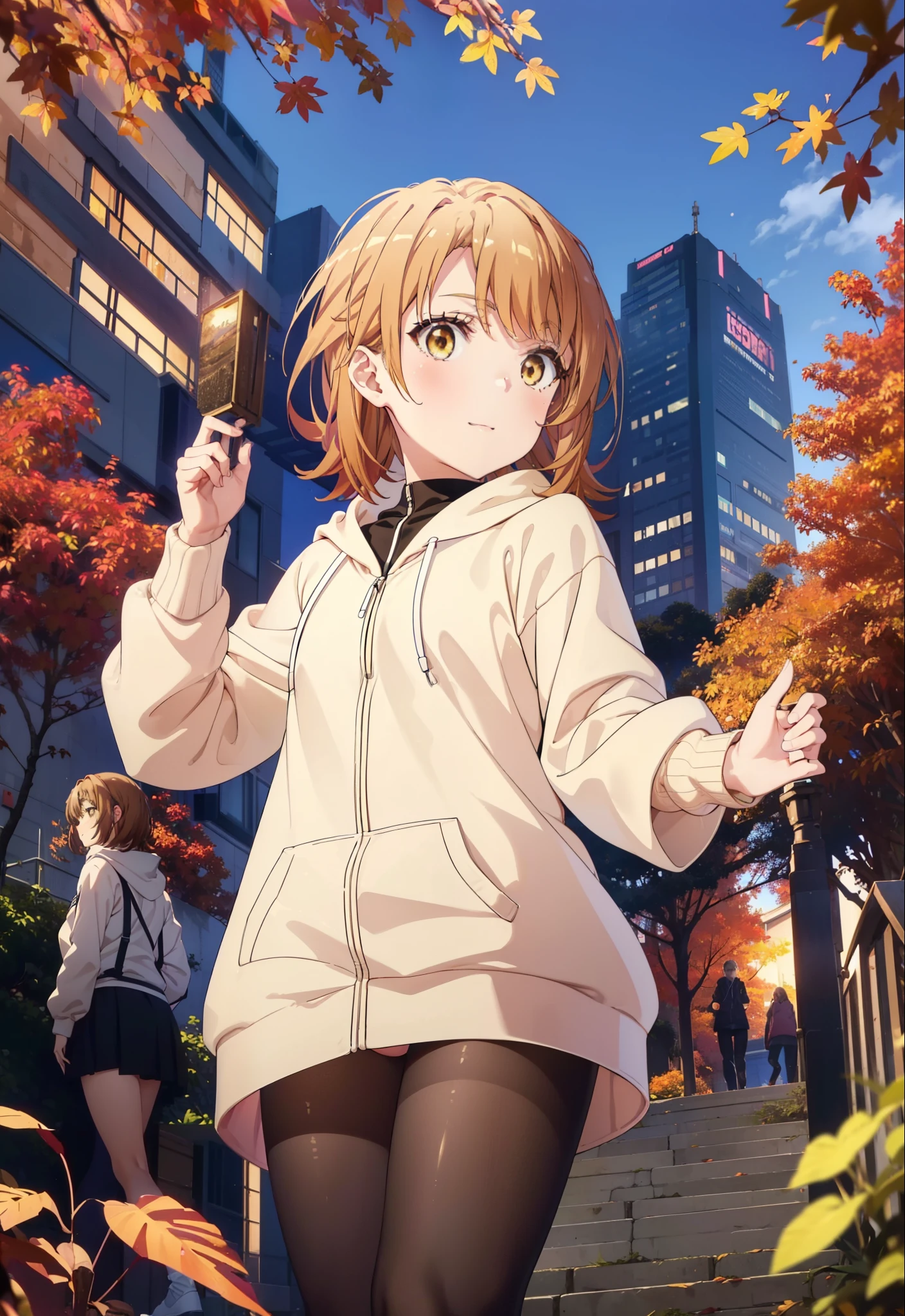 Irohaisshiki, isshiki iroha, short hair, Brown Hair, (Brown eyes:1.5), smile,blush,Open your mouth,Pink oversized hoodie,mini skirt,Black tights short boots,Flower Hair Ornaments,autumn leaves,autumn leavesが散っている,Walking,moonlight,night,whole bodyがイラストに入るように、
break outdoors, garden,
break looking at viewer,whole body,
break (masterpiece:1.2), Highest quality, High resolution, unity 8k wallpaper, (figure:0.8), (Beautiful attention to detail:1.6), Highly detailed face, Perfect lighting, Highly detailed CG, (Perfect hands, Perfect Anatomy),