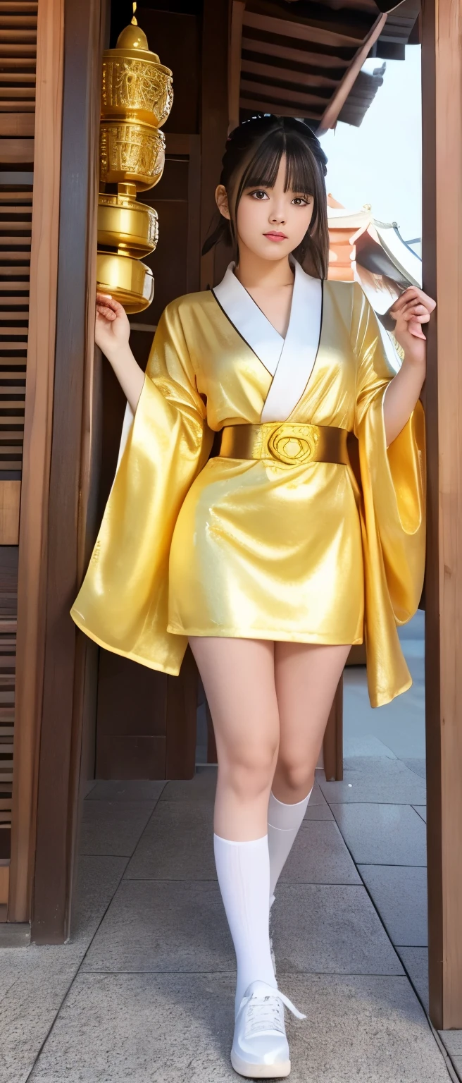 realistic, 1 women, best quality, 12k, HD, long hair, big round breasts, cleavage, ponytail, necklace, jewelry, shorts, short jacket, slim hips, hair tie, yellow eyes, black hair, super detailed, Eye details, hair details, person details, mouth details, face details, breast details, clothes details, hair details, pants details, hand details, whole body