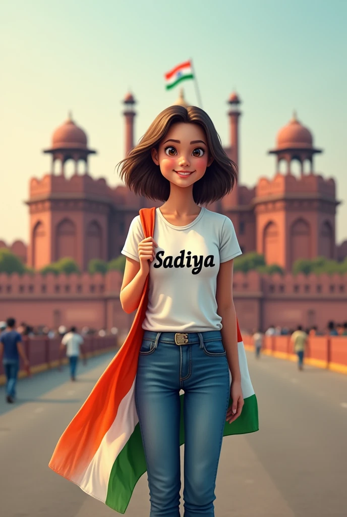 Generate a Realistic girl , Wearing White T shirt blue jeans sneakers and the name "sadiya " is written on his t-shirt and the boy is standing on the road with holding a national flag of India, and behind him is the Red Fort Delhi. And written on sky "Independence Day" Create Realistic image high quality