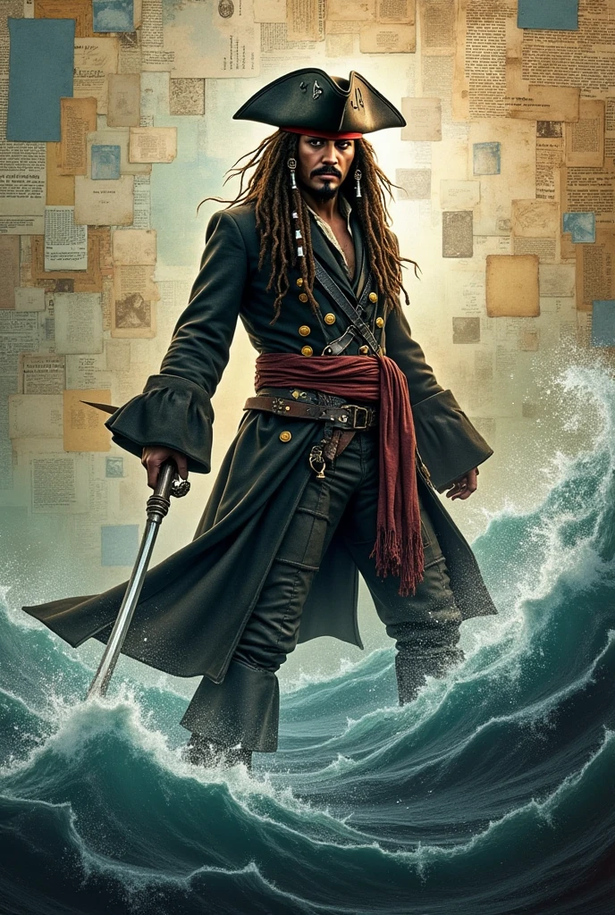 Jack Sparrow style movie poster, but the sea is made of multiple papers