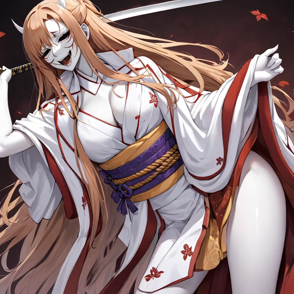 ((Highest quality)), ((masterpiece)), (detailed), （Perfect Face）、The woman in the Hannya costume is Yuuki Asuna, with light brown, semi-long hair and a Hannya mask covering her entire face, and her whole body is pure white skin.、The woman is in the state of Hannya in both body and mind, and her face is completely Hannya.、The woman is wearing a sexy, alluring, and provocative outfit, adorned with accessories.、A woman is embracing and kissing a man with a Hannya sword
