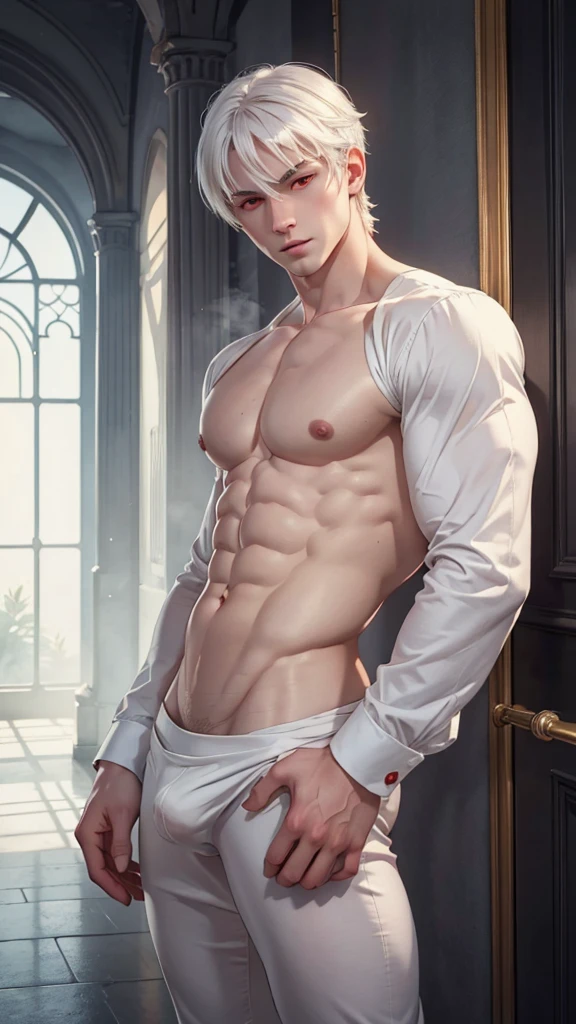 excellent quality, delicate and detailed, fine details, illustration beautiful 

white hair, short hairstyle, longer lock of hair on the right side, red eyes, adult, 20 years old, alone, expressionless, pale skin, (attractive), cute, (naughty aura), dynamic poses, gentleman, handsome, global view. Boy, Man. 