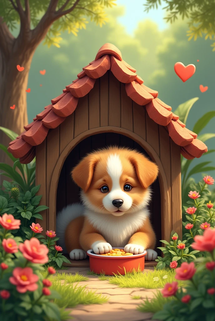 A sweet dog sitting in his dog house with eating his meel with a beautiful garden  art illusion 

