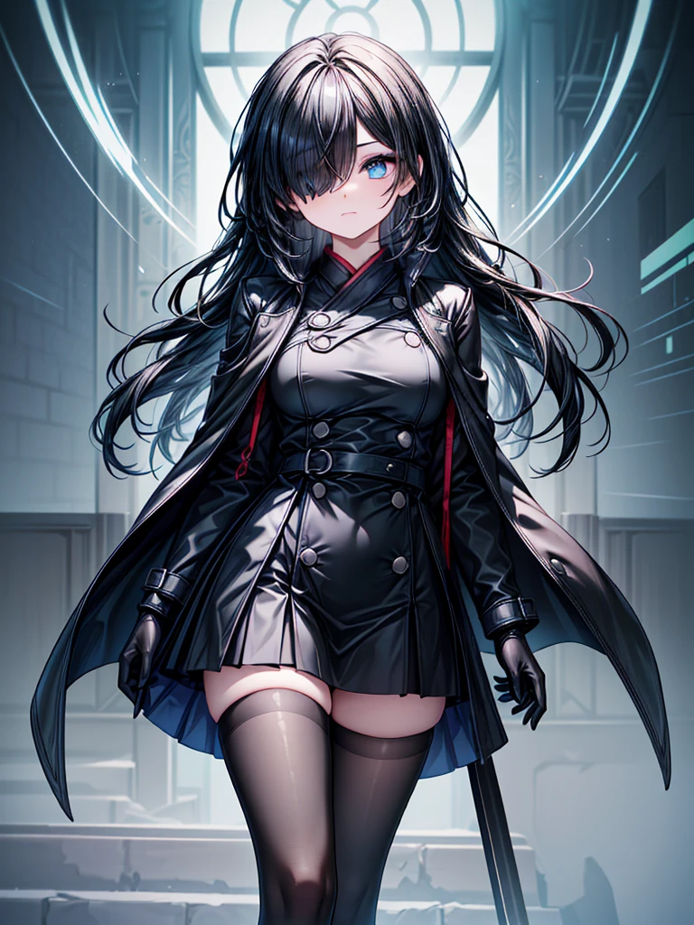 ((Oriental Project)),((masterpiece)),((A look of determination)),((Highest quality)),((In combat)),((alone)),((Deep blue pupils,Long blue eyelashes)),((Beautiful Blue Eyes)),((Wearing a black coat)),((Wearing a black mini skirt,She is wearing black tights under her skirt)),((Slim body)),((length, Shiny black hair)),((Her left eye is completely hidden by her bangs)),((Her hair is parted, and you can see her eyes through it)),((Wearing black gloves)),((hair over one eye,long hair)),((Ruthless)),((Fantastic Background)),