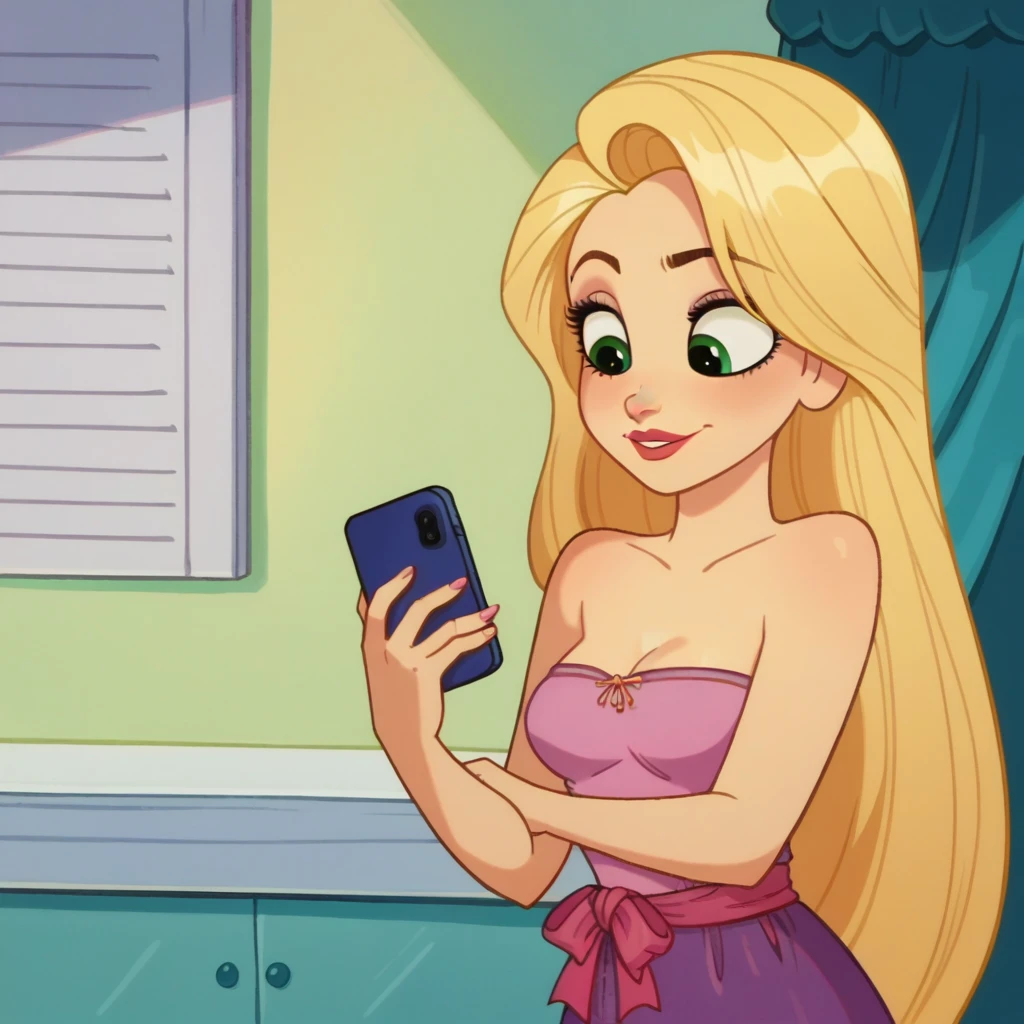 score_9_presence, score_8_up, Rapunzel, wrapped in towel, medium breasts, holding phone