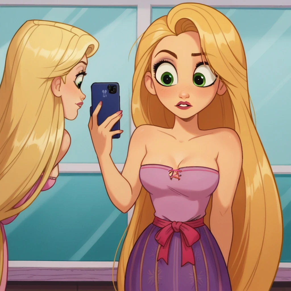 score_9_presence, score_8_up, Rapunzel, wrapped in towel, medium breasts, holding phone