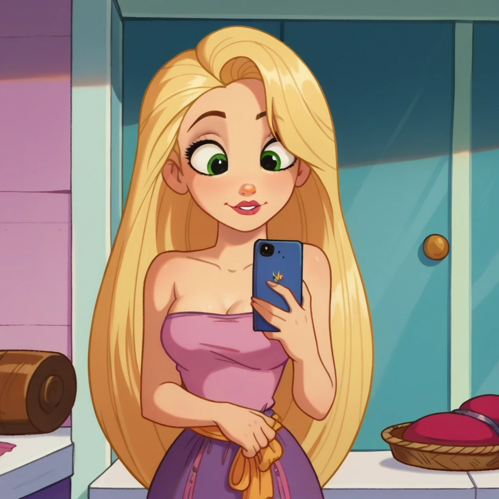 score_9_presence, score_8_up, Rapunzel, wrapped in towel, medium breasts, holding phone