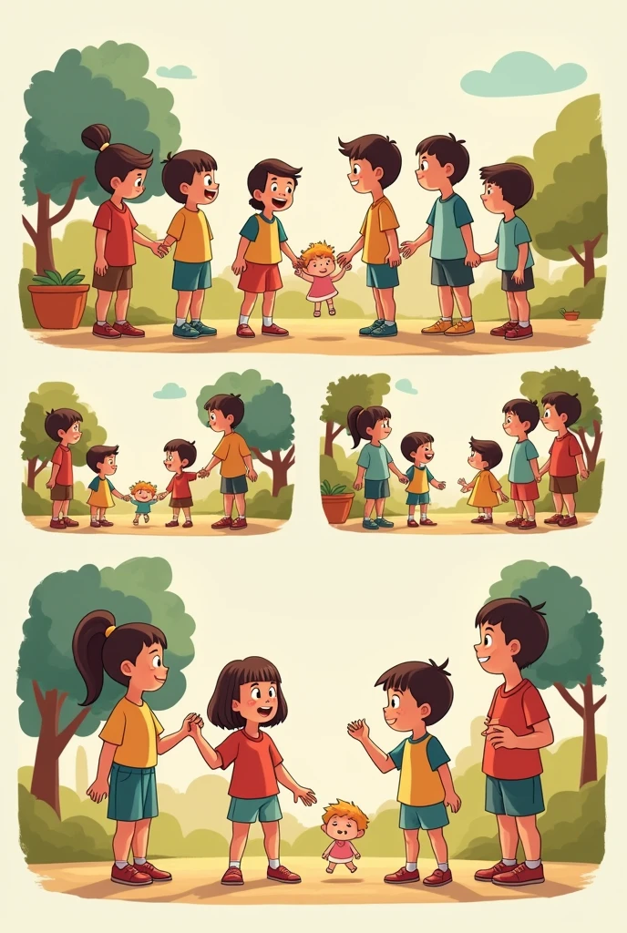 Cartoon of 6 vignettes on solidarity with a child THAT is initially alone, and then the other children ask him to play with them and st the end they are all happy
