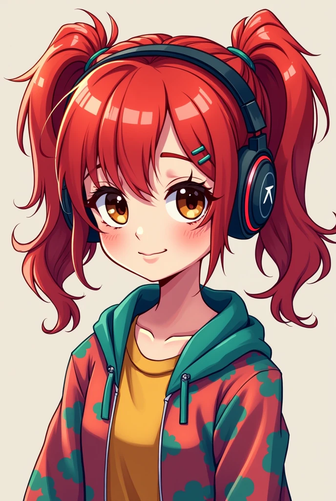 Avatar for the YouTube channel Julia Minergril's style, but it changes because Vanelo is red and the clothes are colorful. I want a cartoon style. I draw the hair style and tied on both sides and she is a gamer. Red hair is bigger and with colorful clothes. Put her with gamer headphones and hair tied on both sides. Try putting brown eyes but like cartoon.