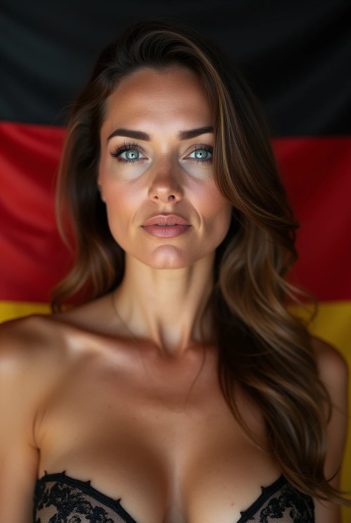 Beautiful mature woman 45 years old, wrinkles on the face, detailed face and texture, From Germany, looks into the frame, sexy, languid face, bright blue eyes, sexual makeup, germany flag on background, belt, super nude bra, strapless bra