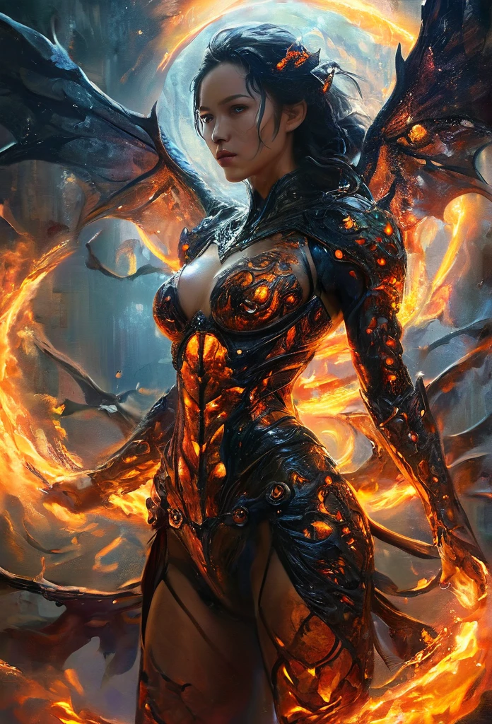 (highest quality,4K,8k,High resolution,masterpiece:1.2), Super detailed, (Realistic,photoRealistic,photo-Realistic:1.37), black creature, Otherworldly, Lovecraft, Chitinous Skin, Bioluminescence Pattern, Dark color palette, Spooky lighting.(Browsing Caution:1.4), black, red, orange, 非常に長く鋭いredい爪, Big Claws, Her body is bioluminescent. Moisturized Skin, (Extremely detailed and intricate skin patterns:1.2), (Translucent chitinous exoskeleton:1.3), (Very small waist:1.4), (Destroyed Anatomy:1.5), violent, erotic,