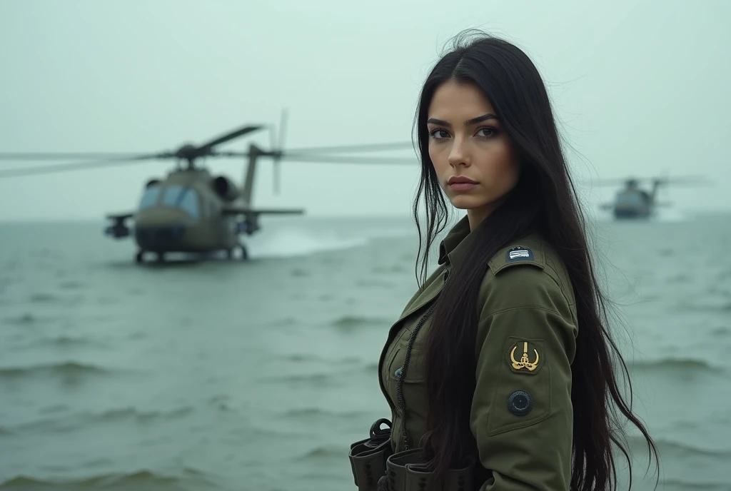 A 30-year-old woman with long black hair wearing military uniform.,Boots， full-body shot，side，War Background，seaside，Soviet style，Iron bridge,Helicopters，Big brown eyes, Science Fiction, dark mood, full-body shot片