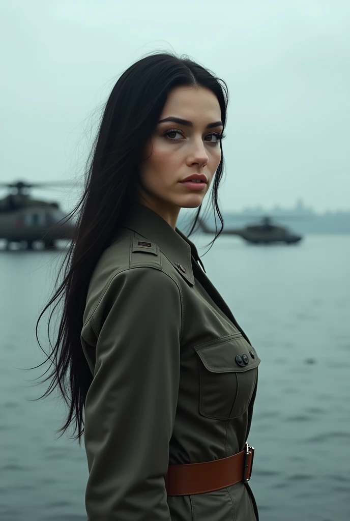 A 30-year-old woman with long black hair wearing military uniform.,Boots, full-body shot,side,War Background,seaside,Soviet style,Iron bridge,Helicopters,Big brown eyes, Science Fiction, dark mood, full-body shot片