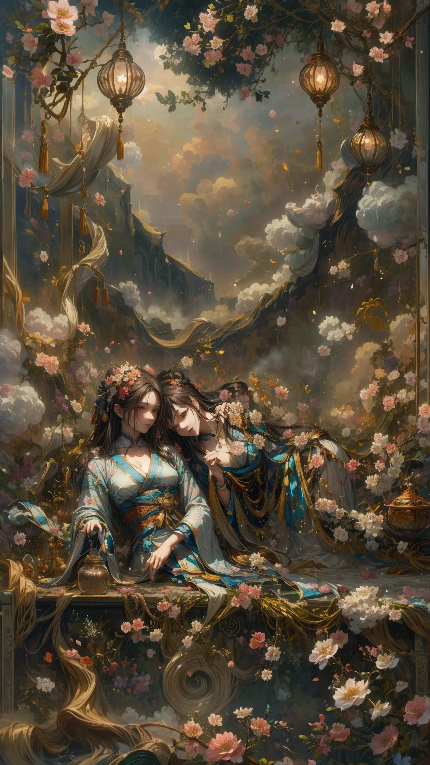 Two young girls with flowing brown hair lie side by side, the
their hair adorned with floral ornaments, their eyes gently closed in tranquility.
Dressed in kimonos with floral prints and sashes, they are
barefoot and lying on their sides, their posture is soft and serene.
A full moon hangs in the sky, and paper lanterns are suspended in the sky.
clouds and mist flowing like undulating waves.
The smoke rendering (egasumi) creates a surreal feeling.
Tradition and modernity are blended, like an artistic imitation.