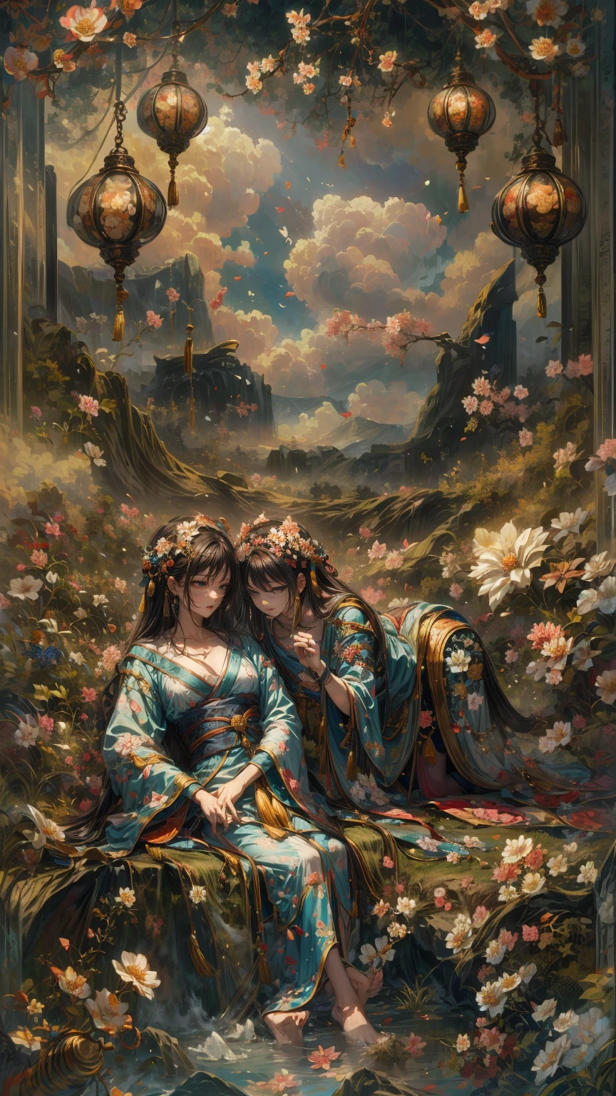 Two young girls with flowing brown hair lie side by side, the
their hair adorned with floral ornaments, their eyes gently closed in tranquility.
Dressed in kimonos with floral prints and sashes, they are
barefoot and lying on their sides, their posture is soft and serene.
A full moon hangs in the sky, and paper lanterns are suspended in the sky.
clouds and mist flowing like undulating waves.
The smoke rendering (egasumi) creates a surreal feeling.
Tradition and modernity are blended, like an artistic imitation.