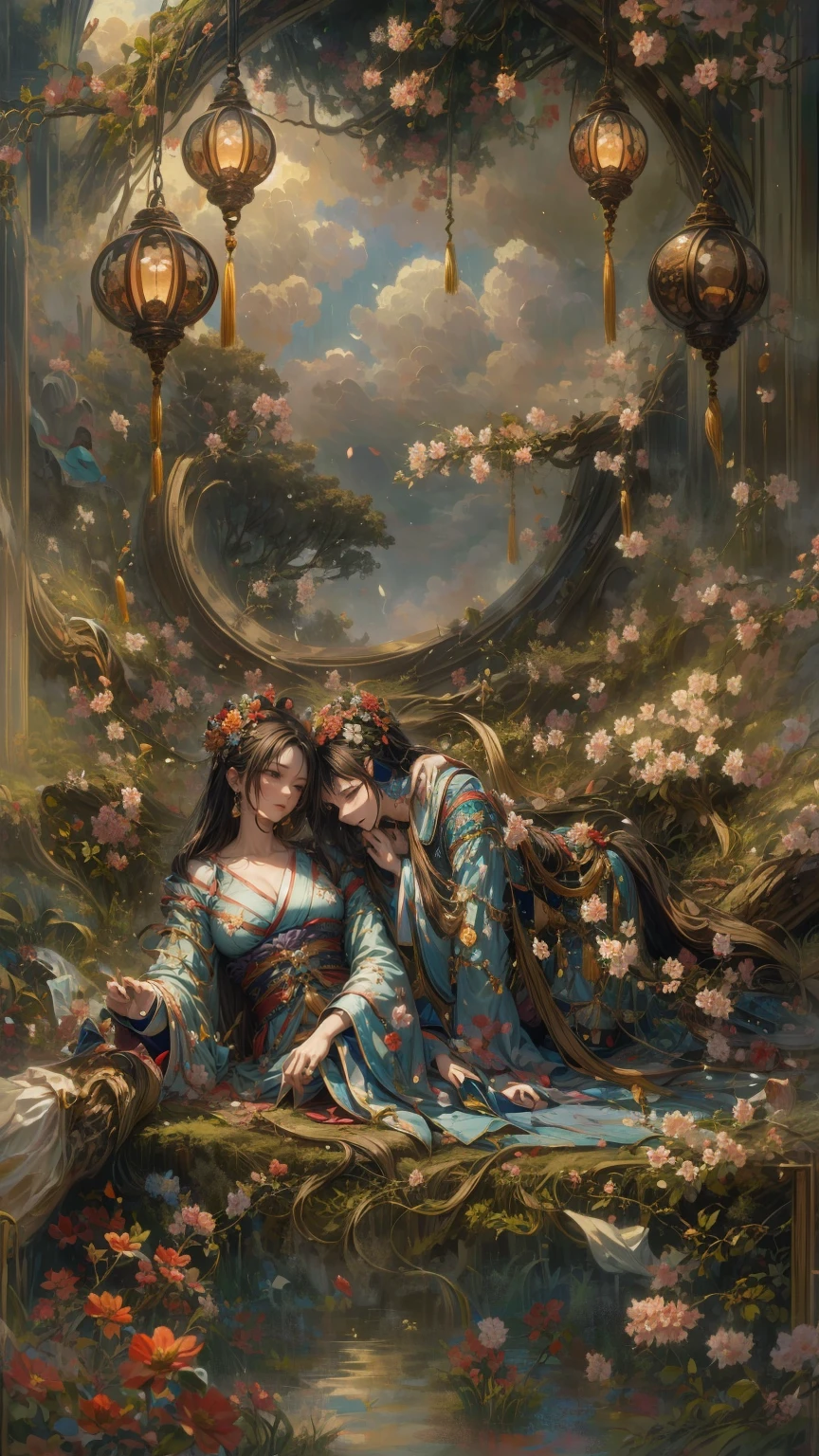 Two young girls with flowing brown hair lie side by side, the
their hair adorned with floral ornaments, their eyes gently closed in tranquility.
Dressed in kimonos with floral prints and sashes, they are
barefoot and lying on their sides, their posture is soft and serene.
A full moon hangs in the sky, and paper lanterns are suspended in the sky.
clouds and mist flowing like undulating waves.
The smoke rendering (egasumi) creates a surreal feeling.
Tradition and modernity are blended, like an artistic imitation.