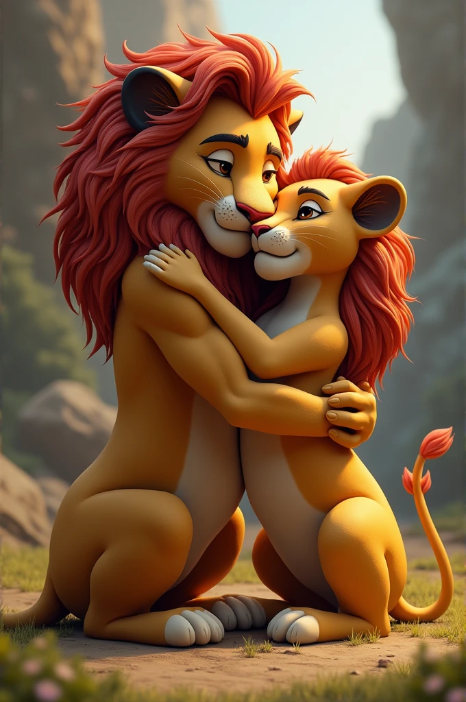 A lion and a lioness in love hugging each other 3d