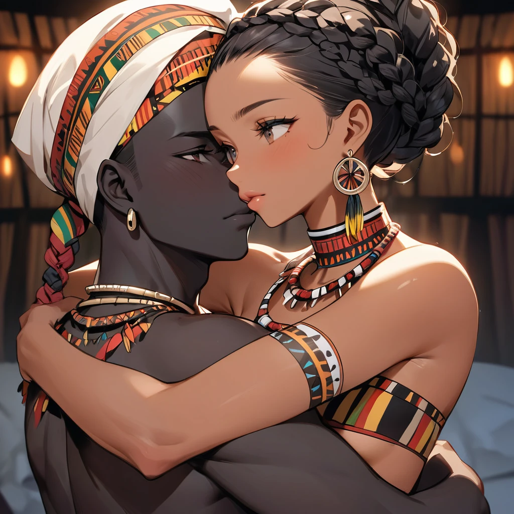 ((Highest quality)), ((masterpiece)), (detailed), （Perfect Face）、The woman is embracing and kissing a man from the tribe.、The woman has bright black skin、（Ghana braids with strong curly hair slicked back）、Black, dark skinned, African native tribal woman、The amount of hair is small、Black Hair、Very short curly hair、Ghana braid hair, finely and delicately braided into Ghana braids and slicked back、Her hair is braided and thin, and she wears a tribal headdress and a tribal headscarf.、African black woman beautifully dressed in tribal clothing, tribal earrings and tribal accessories, wearing tribal makeup、A beautiful tribal woman with tattoos all over her body、Women in tribal village night rituals、The woman&#39;s hair is dyed black by the other women in the village and styled like an African woman&#39;s.