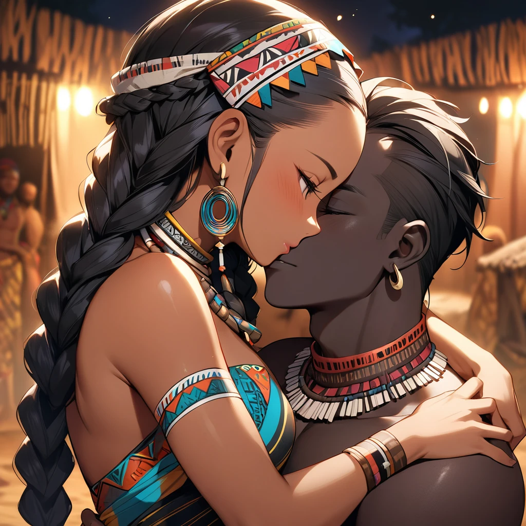 ((Highest quality)), ((masterpiece)), (detailed), （Perfect Face）、The woman is embracing and kissing a man from the tribe.、The woman has bright black skin、（Ghana braids with strong curly hair slicked back）、Black, dark skinned, African native tribal woman、The amount of hair is small、Black Hair、Very short curly hair、Ghana braid hair, finely and delicately braided into Ghana braids and slicked back、Her hair is braided and thin, and she wears a tribal headdress and a tribal headscarf.、African black woman beautifully dressed in tribal clothing, tribal earrings and tribal accessories, wearing tribal makeup、A beautiful tribal woman with tattoos all over her body、Women in tribal village night rituals、The woman&#39;s hair is dyed black by the other women in the village and styled like an African woman&#39;s.