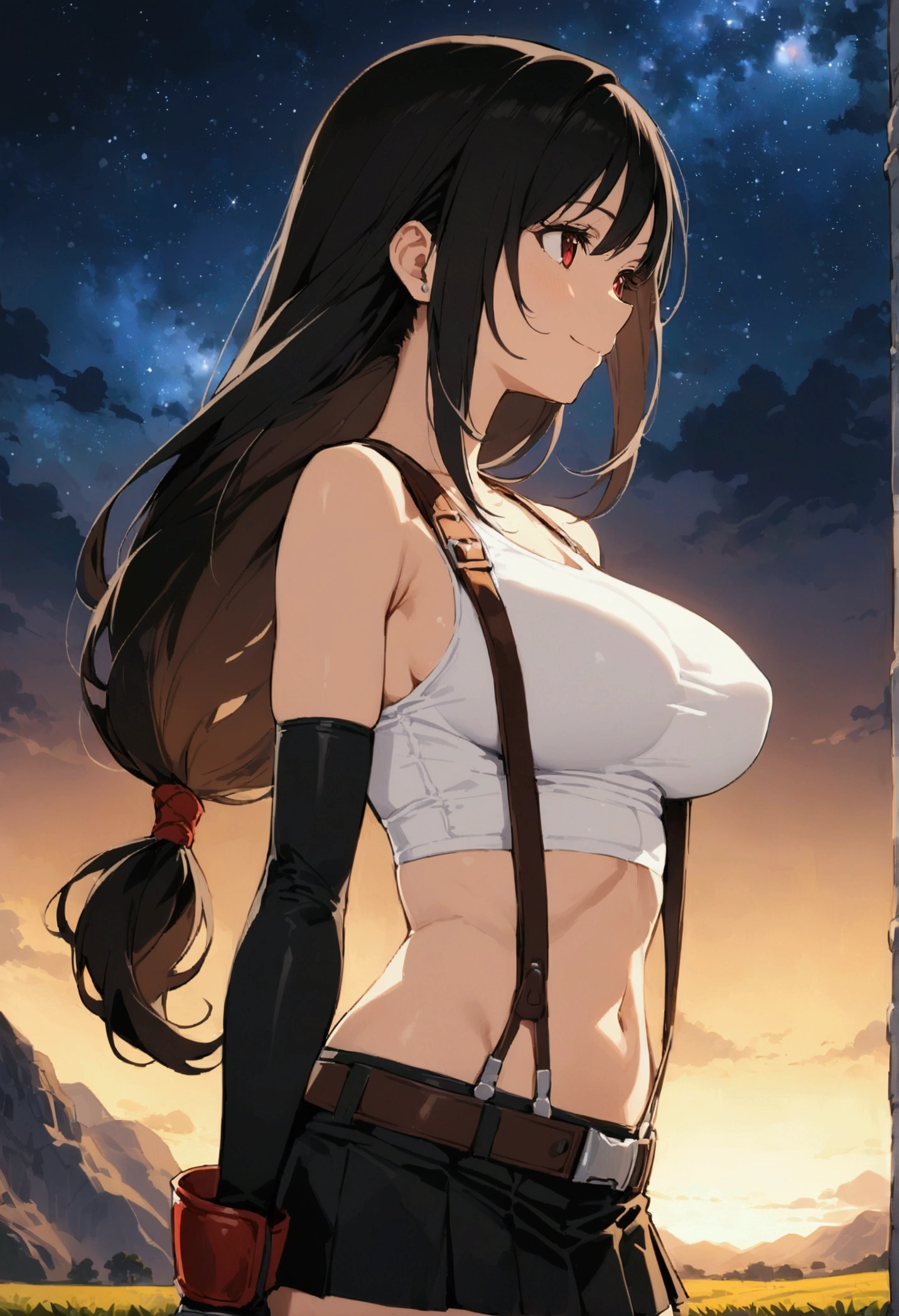 score_9,score_8_up,score_7_up,BREAK source_anime, masterpiece, best quality, (recent), perfect anatomy, very aesthetic,anime style,upperbody,,Solo,1girl, tifa lockhart, final fantasy,black hair, low-tied long hair, red eyes, bangs, (white tank top,gap),(High exposure)，the ribs,belt, pleated skirt, thighhighs, elbow fingerless gloves,  midriff, navel,suspenders.skirt),beautiful waist ,(large_breast:1.3),(from side,looking away),standing,arms in sides,light smile,,,outdoor,star sky,night, skin tight,  depth of field、beautifully lit,great lighting　　