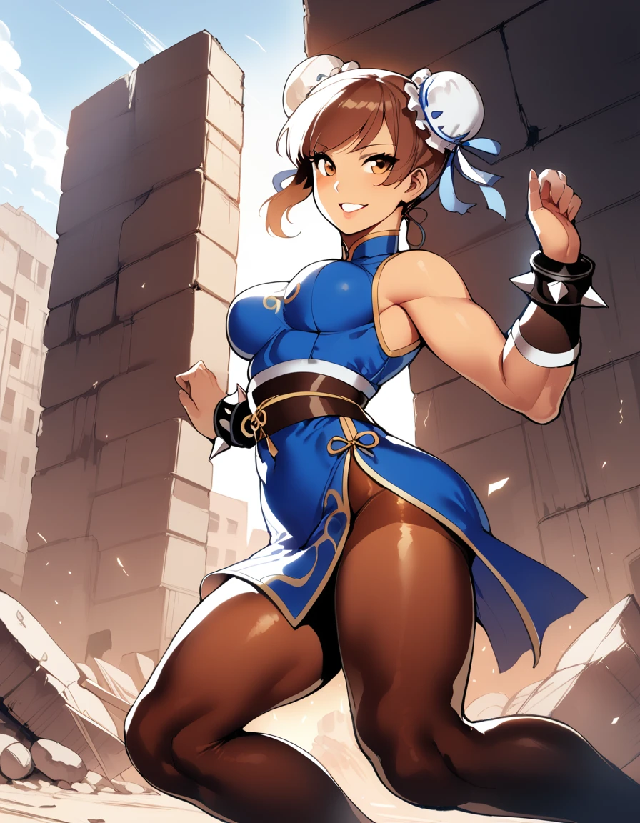 1girl, (solo:1.2), (jumping:1.3), (mid air:1.3), (cowboy shot:1.5), smile, happy, (masterpiece:1.3), (best quality:1.3), (perfect anatomy:1.4), highly detailed, chun li, brown eyes, short hair, brown hair, double bun, bun cover, blue dress, pelvic curtain, spiked bracelet, sash, brown pantyhose, (post fight scenery:1.3), rubble, outside, daylight, nyantcha, expressive faces, anime-inspired, (cell shading:1.2), lips
