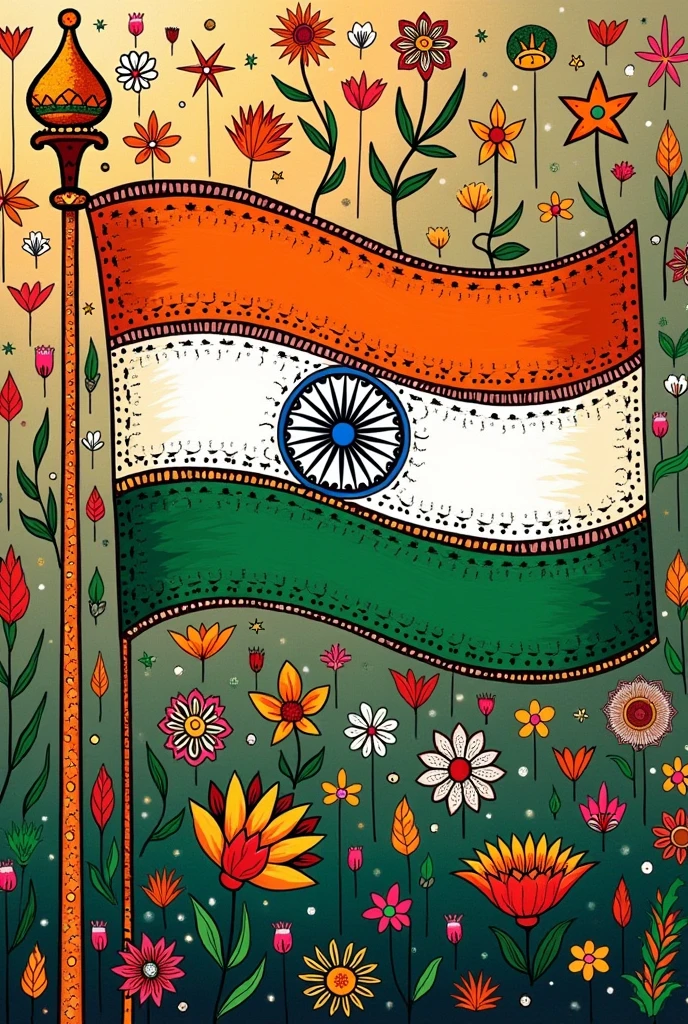 Make me a Ai image of Madhubani art of Indian flag something more beautiful