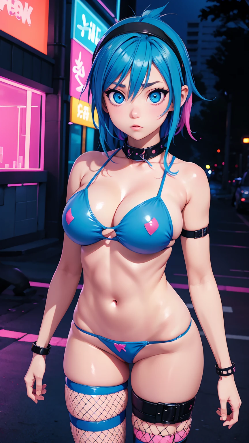 Cute punk anime teen wearing micro bikini cosplay fit body big breasts round  fishnet outfit nightscene postapocalyptic ((blue, big eyes)) ecchi pink rainbow big eyes fantasy 