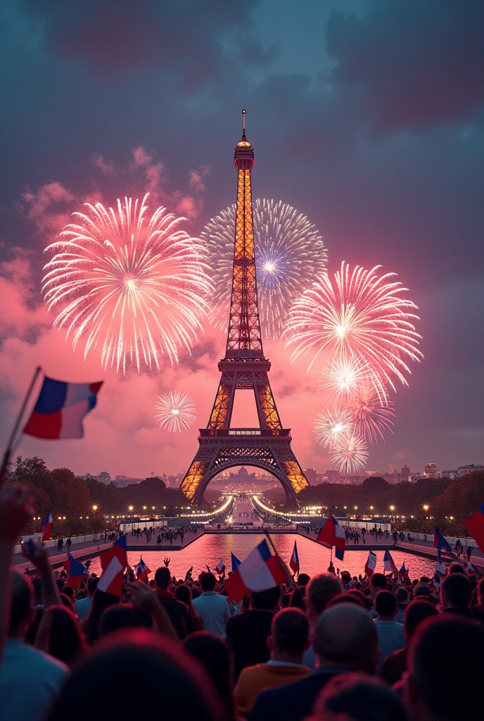 Cérémonie de clôture des Jeux olympiques, you can see the eiffel tower, la Seine et les feux d'artifice, En outre, You can see the Olympic Games logo and people celebrating with French flags, on voir leon marchand et teddy rinner.. ultra realistic, Maximum quality