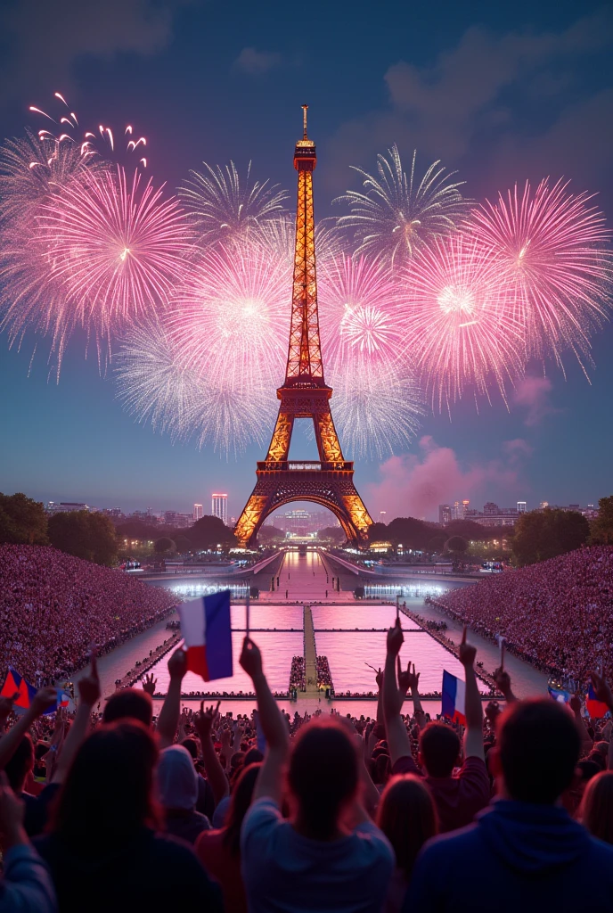 Cérémonie de clôture des Jeux olympiques, you can see the eiffel tower, la Seine et les feux d'artifice, En outre, You can see the Olympic Games logo and people celebrating with French flags, on voir leon marchand et teddy rinner.. ultra realistic, Maximum quality