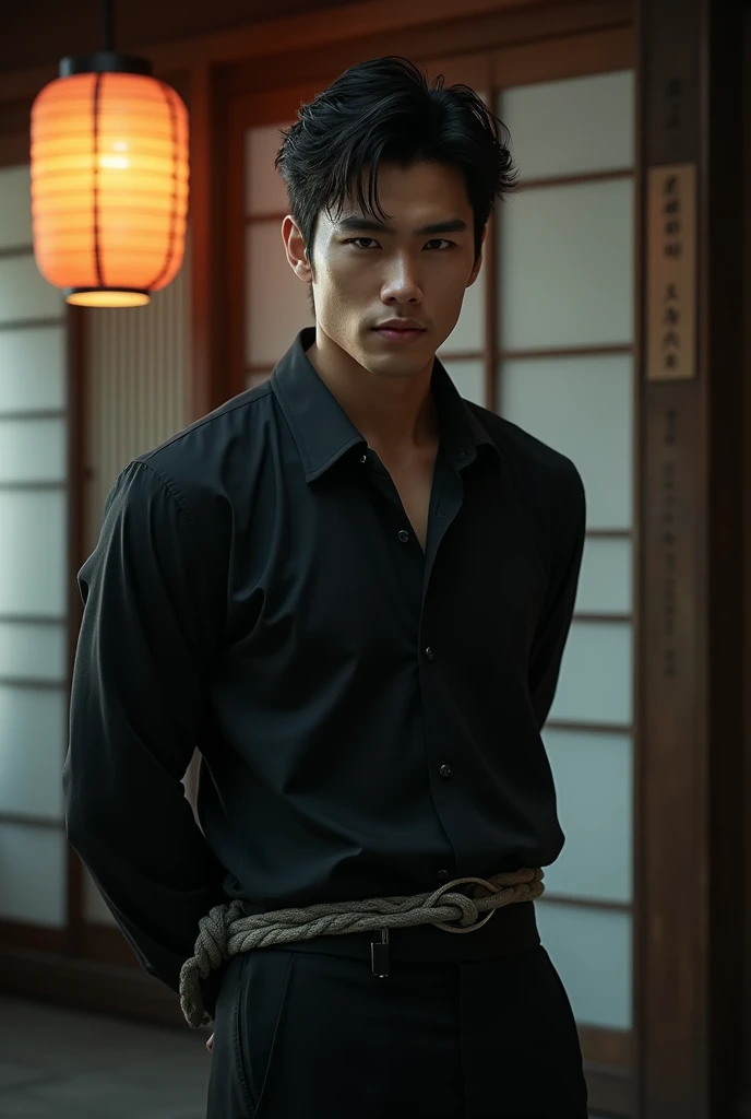 A Japanese handsome man with his hands tied behind his back