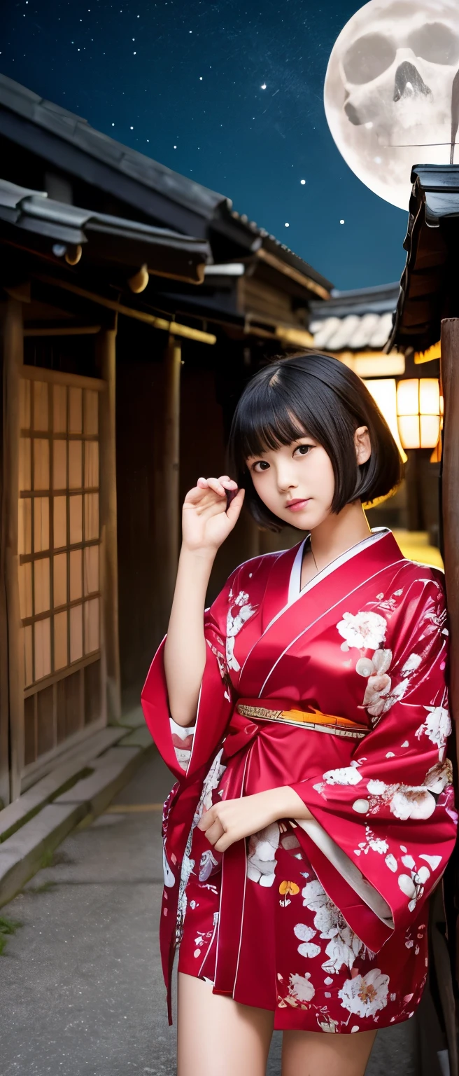 Cute  Idol Girl、whole body、Good style、、、、、、、、、、Thick legs、Skull Print Kimono Dress（Shiny Red）、Cool girl face、、、Bobcut、Japanese village with the moon rising