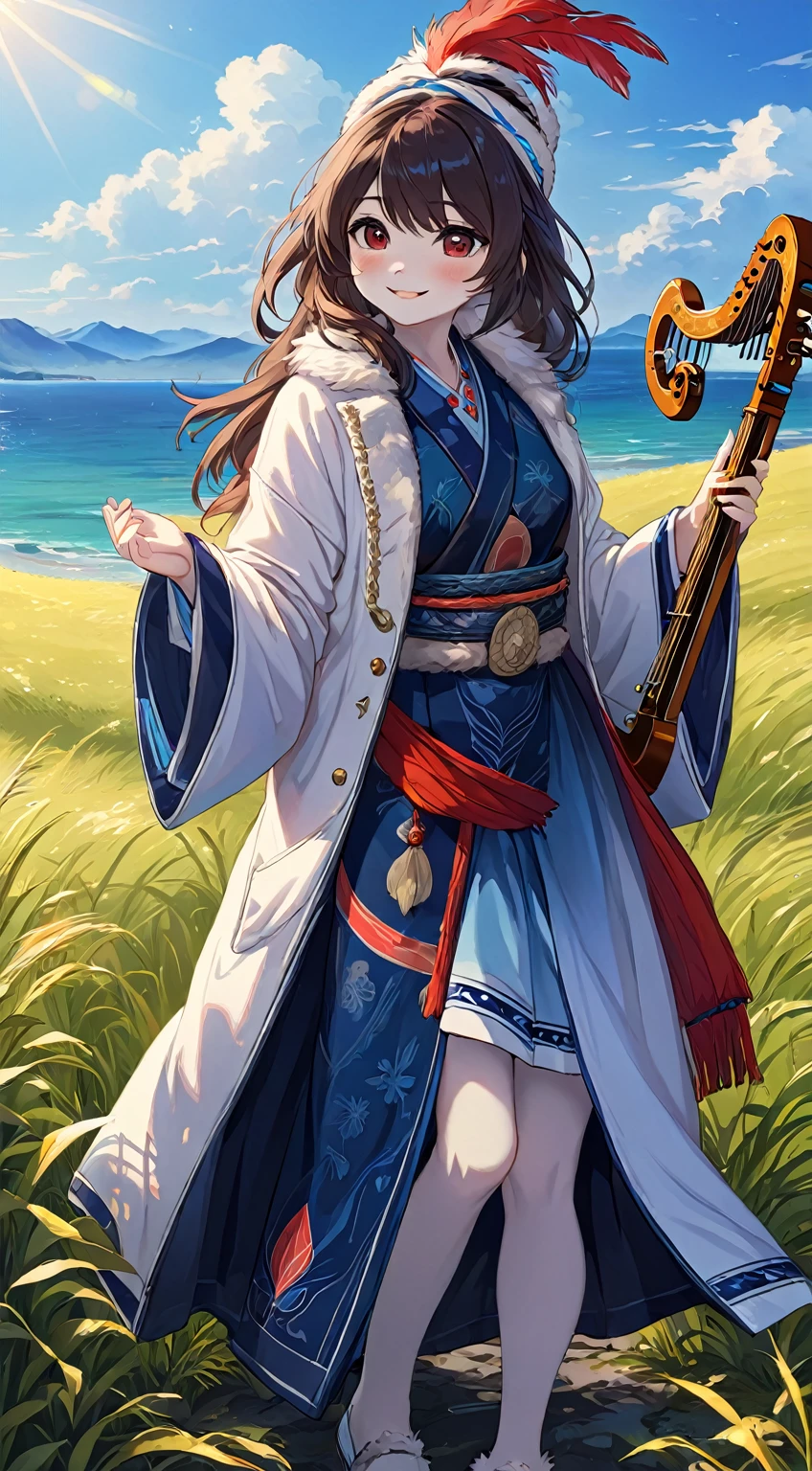 高quality超精細插圖, 電影海報Super detailed,actual,(portrait,photo-actual:1.37),(hairy:1.1),(human nature:1.1) High resolution, 8k, masterpiece,, Super detailed, mammal,whole body,National style totem,ethnic jewelry,quality, Hokkaido赤狐, elder, 一隻雄性hairy的狐狸 (Red fur), all covered in fur, , 穿著Hokkaido阿伊奴族的傳統服飾,Off-white coat,Dark blue headscarf,Hands holding traditional musical instruments,Squint and smile, masterpiece, 最好的quality, Digital art, (actual:0.3), cartoon, Detailed route, High resolution, visually stunning (detailed lighting, Depth of Field:0.9), detailed color, Bright colors create perfect hands, Detailed hands (Fair, Cute, Fluffy:1.2), detailed body, HokkaidoNatural background,horizon landscape, National costume, national totem,清澈的Sky, movie lighting, Sky, sunny Sky,,grassland, horizon background(Natural background:1.1,Hokkaido:0.9), (Soft natural light:1.1), (Detailed facial features:1.1,expressive eyes:1.2), (calm and serene expression:1.1), (Flowing and layered clothing:1.1), (Gorgeous and intricate accessories:1.1), Fine hairs, Delicate face,