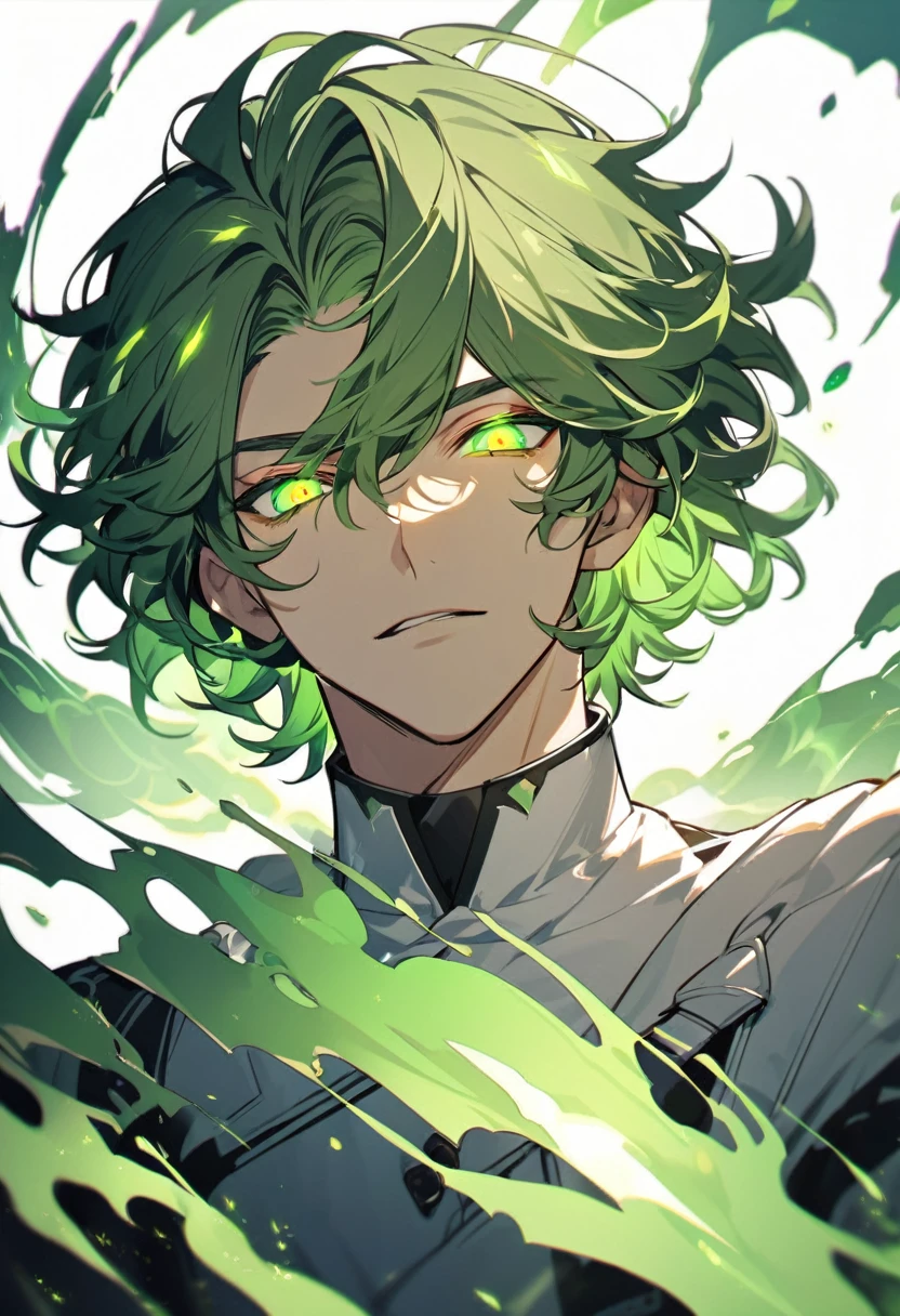 male, solo, handsome, green eyes, green hair, short hair, curly hair, dark green aura, glowing eyes, beautiful eyes