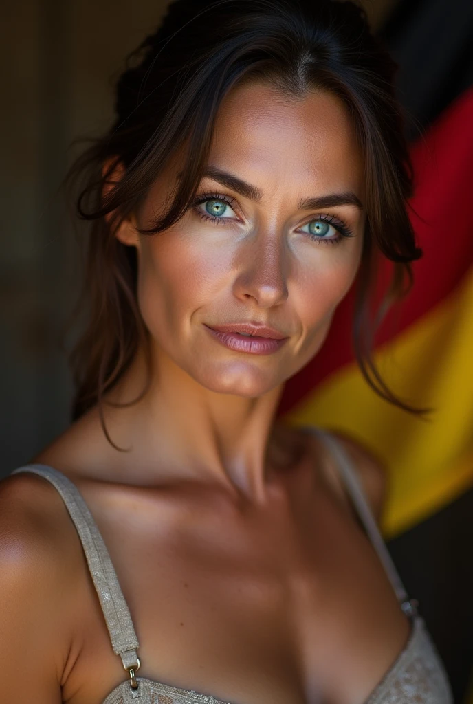Beautiful mature woman 45 years old, wrinkles on the face, detailed face and texture, From Germany, looks into the frame, sexy, languid face, bright blue eyes, sexual makeup, germany flag on head background, belt, super  nude bra, strapless bra